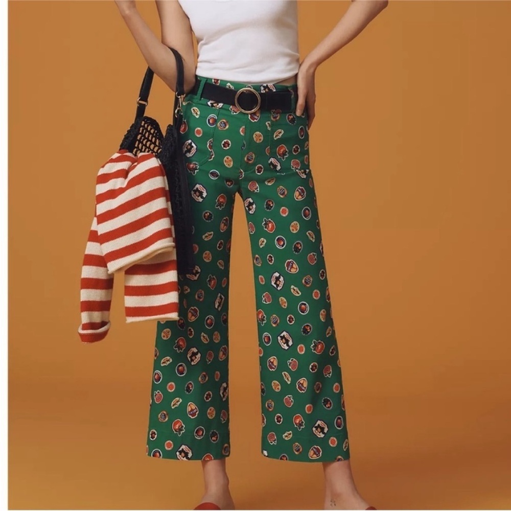 Anthropologie Green Wide-Leg Printed Pants